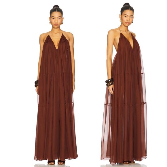 retrofete Arlet Chiffon Maxi Dress in Chestnut Brown Backless Formal Gown - Picture 2 of 8